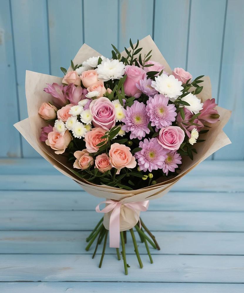Букет цветов из: Хризантемы, Розы и Альстромерии в Щелкане