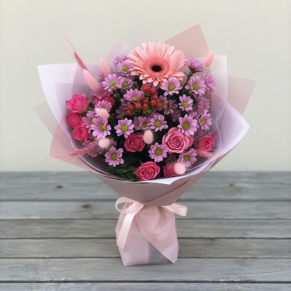 Букет цветов из: Розы, Герберы и Хризантемы в Щелкане