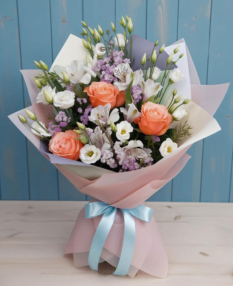 Букет цветов из: Лизиантусы, Розы, Альстромерии и Гипсофила в Щелкане