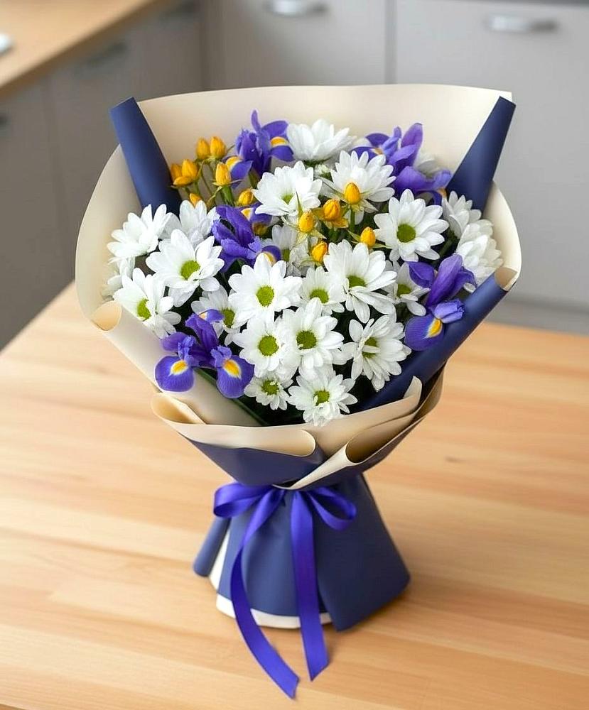 Букет цветов из: Розы, Ирисы и Хризантемы в Щелкане